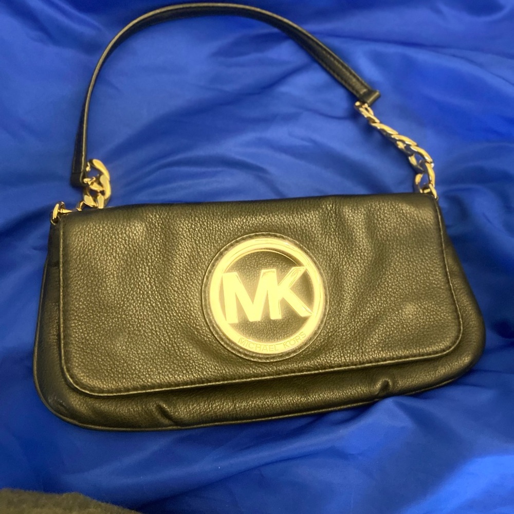 Michael Kors Black Leather Shoulder Bag with Gold Accents